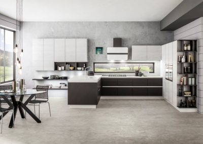 Cucina componibile disponibile nelle nuove finiture effetto cemento accostate alle nuove finiture effetto legno.