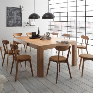Tavolo impiallacciato allungabile o fisso con sedie in legno abbinate disponibili con sedile legno o imbottito.