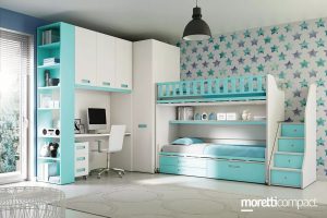Composizione cameretta con letto a castello, cabina armadio ad angolo, ponte con libreria e scrivania.